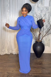 Royal Blue Ruched Maxi Dress – Long Sleeve Bodycon Evening Gown, Elegant Backless Party Dress