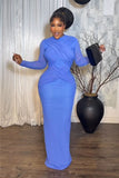 Royal Blue Ruched Maxi Dress – Long Sleeve Bodycon Evening Gown, Elegant Backless Party Dress