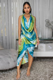 Multi-Color Draped Halter Midi