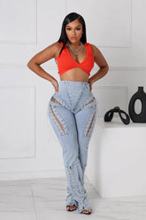 Tie-strap hollow denim pants