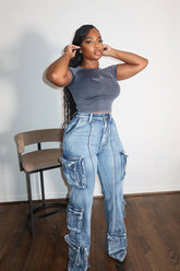 Denim Cargo Flare Jeans