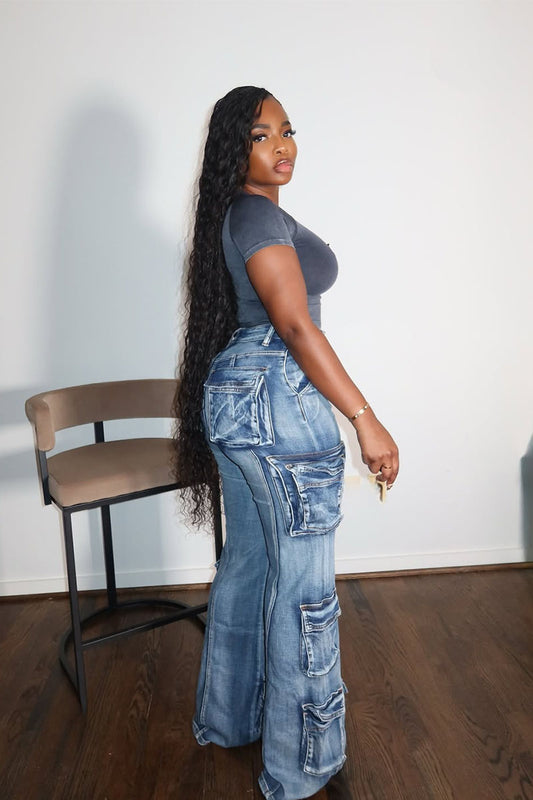 Denim Cargo Flare Jeans