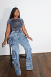 Denim Cargo Flare Jeans