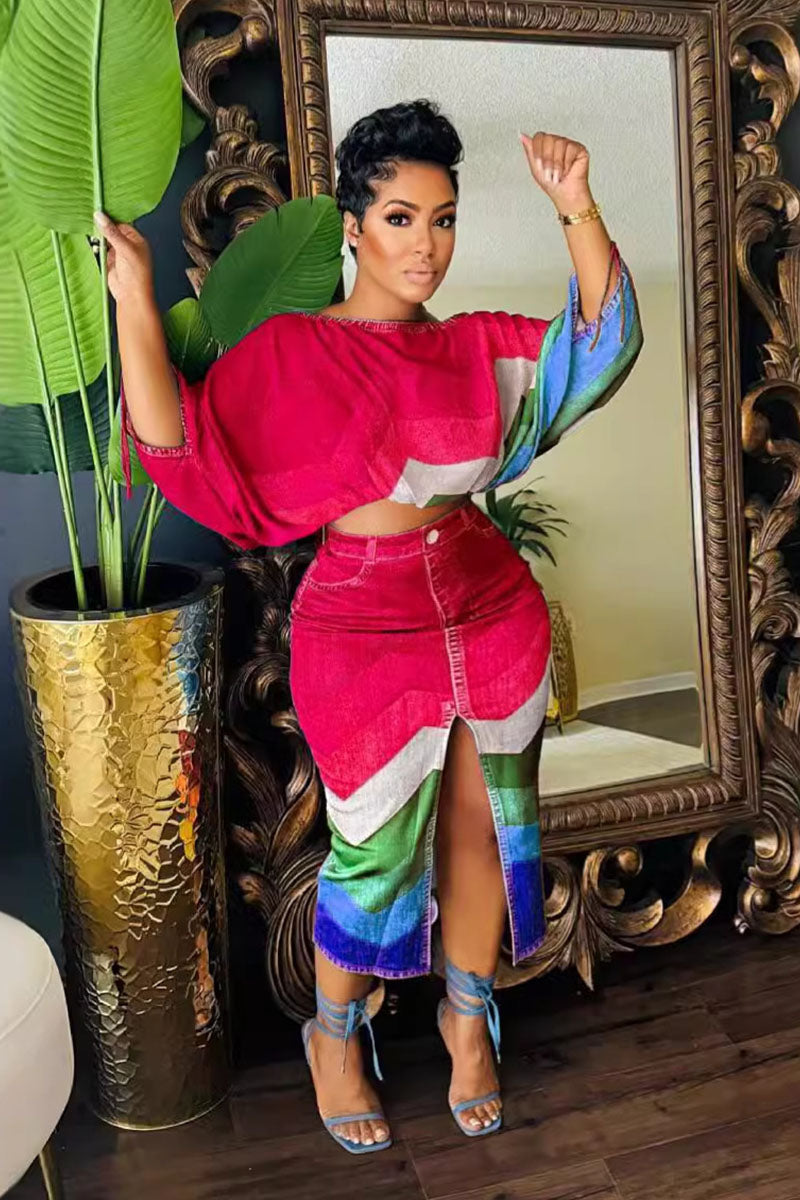 Contrast Color Bat-Wing Sleeve Top Slit Midi Skirt Two-Piece Set
