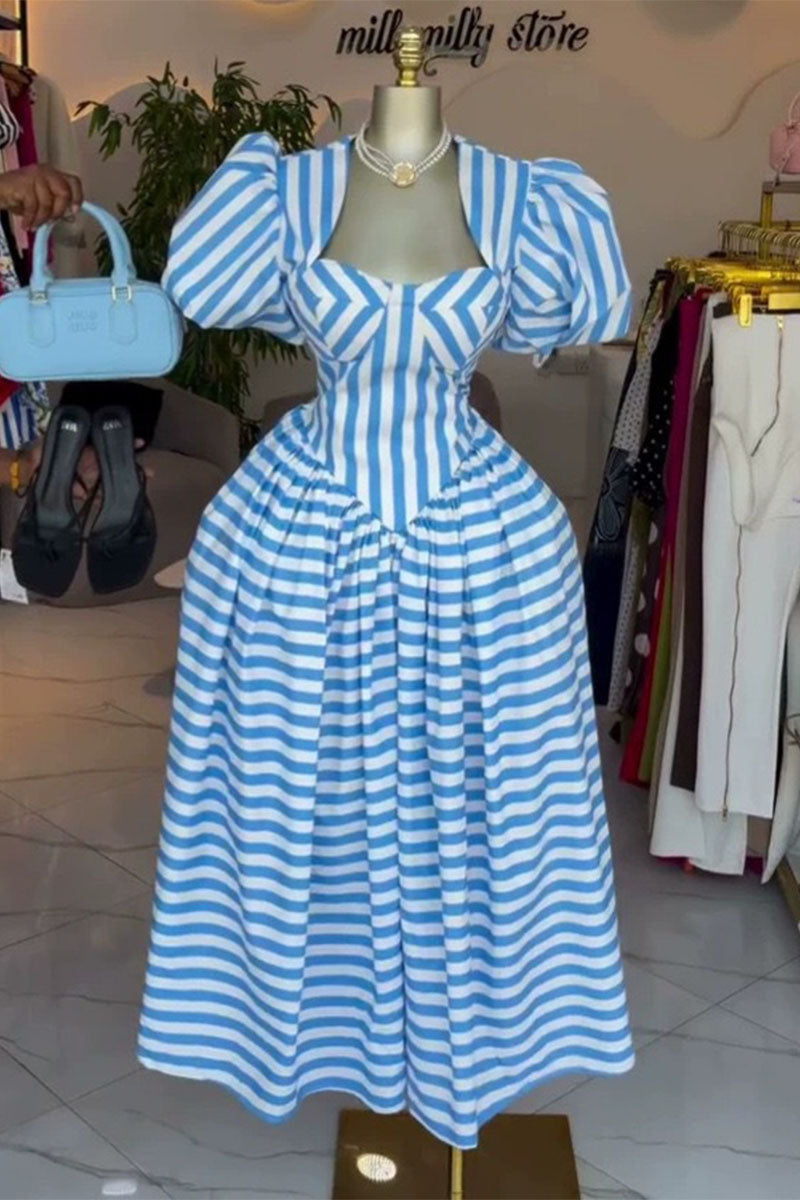 Striped Puff Sleeve Sweetheart Corset-Style Midi Dress