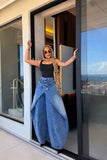 Deconstructed Wide Leg Jeans – High Waist Layered Denim Pants, Asymmetric Y2K Streetwear Trousers