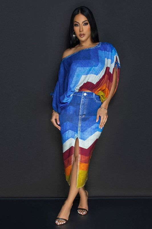 Contrast Color Bat-Wing Sleeve Top Slit Midi Skirt Two-Piece Set