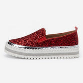 Women Slip On Sparkly Loafers - Red