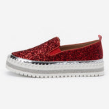Women Slip On Sparkly Loafers - Red