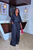 Black oversized shirt and wide-leg pants two-piece set, front view