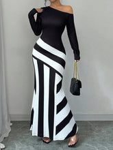 Women's Colorblock Striped Print Elegant Asymmetric Neckline Mermaid Dress