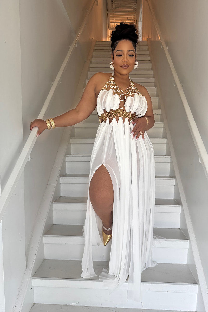 White gold-tone ring halter maxi dress front view