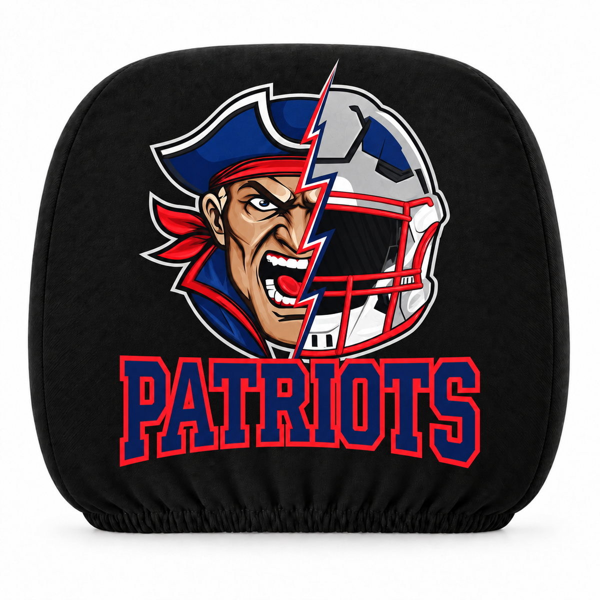 New England Patriots car headrest cover, Style 2 illustrated mascot design, white background