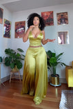Olive Glow satin halter top and wide-leg pants set front view