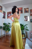 Olive Glow satin wide-leg pants set back view