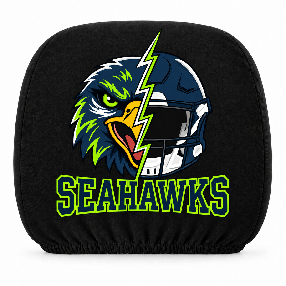 Seattle Seahawks car headrest cover, Style 2 illustrated mascot design, white background