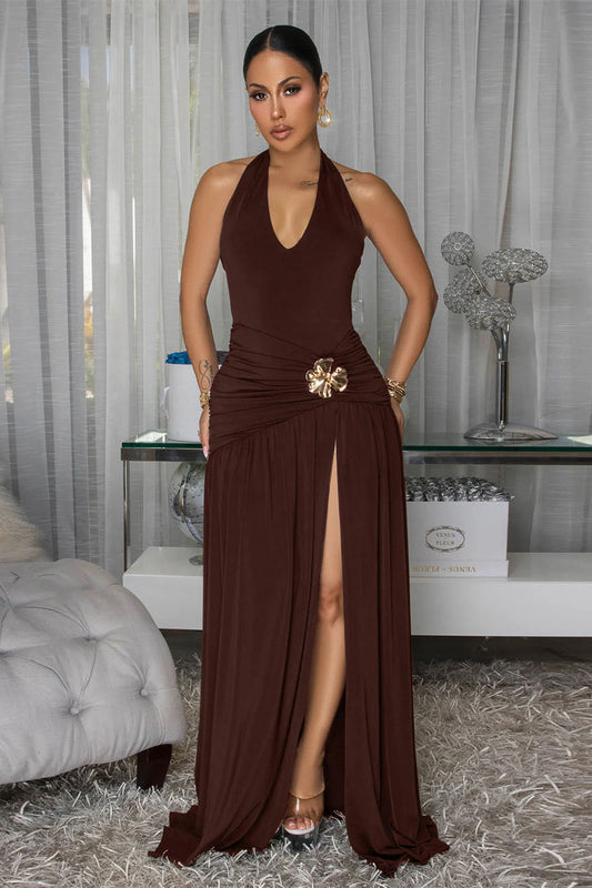 Ruched High Slit Maxi – Women's Dress