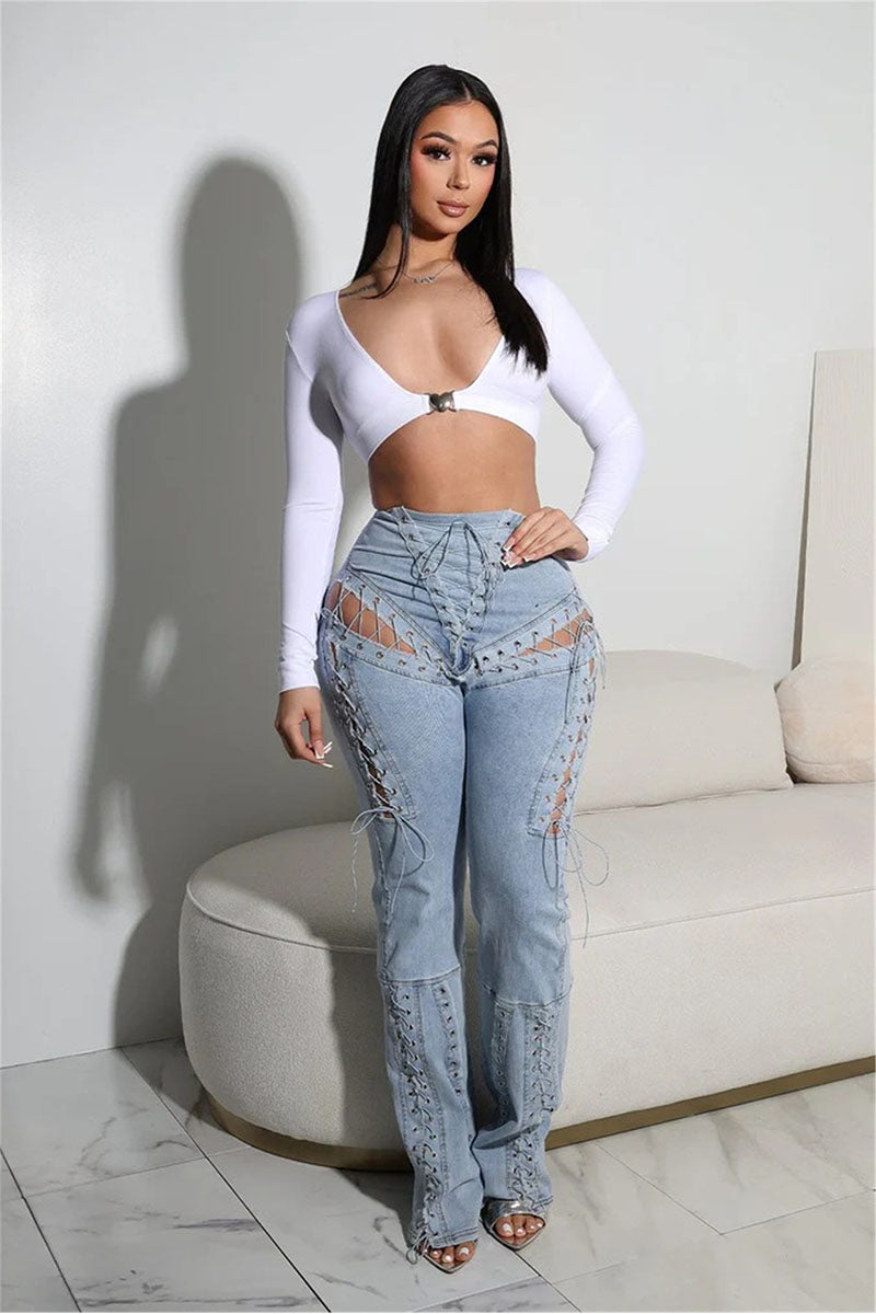 Tie-Strap Cutout denim pants