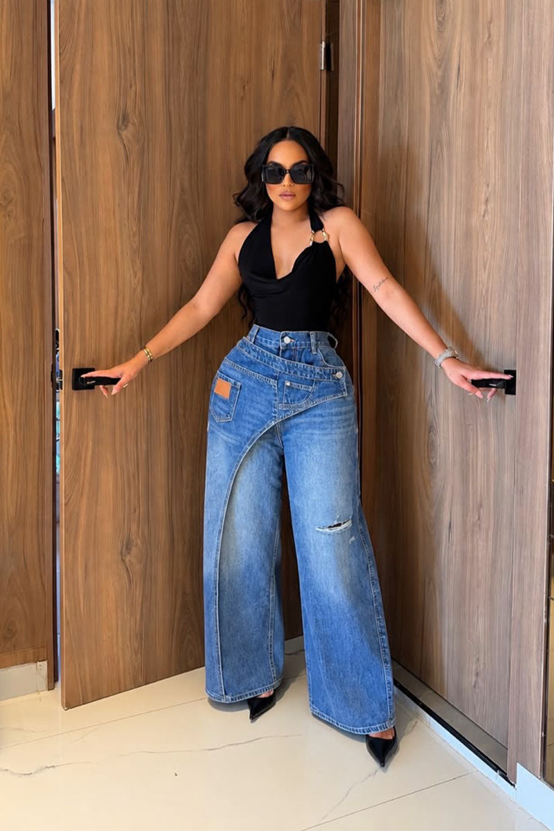 Asymmetric Wide Leg Jeans – High Waist Baggy Denim Pants, Vintage Wash Streetwear Trousers