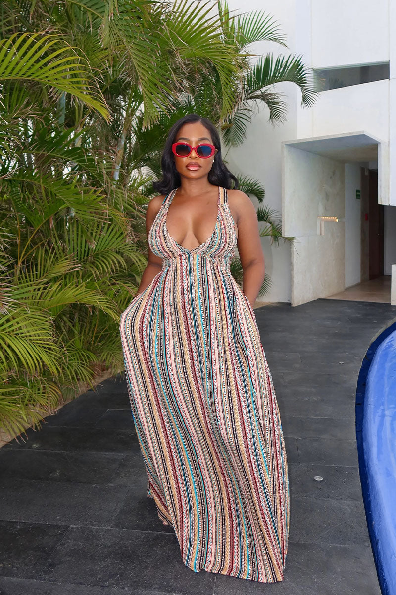 Siren Multi-Stripe Backless Maxi Dress