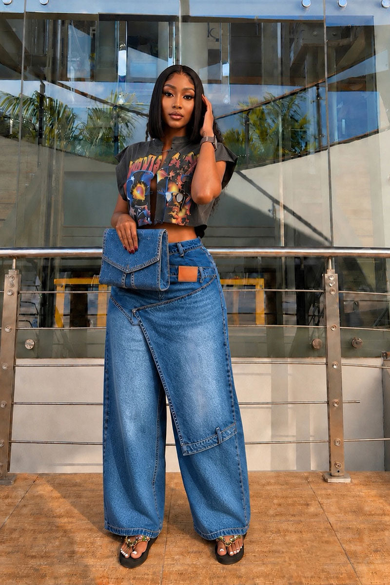 Asymmetric Wide Leg Jeans – High Waist Layered Denim Trousers, Statement Streetwear Pants