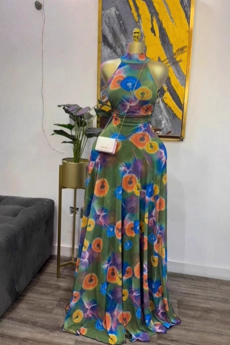 Zaria Printed Halter Backless Maxi Dress