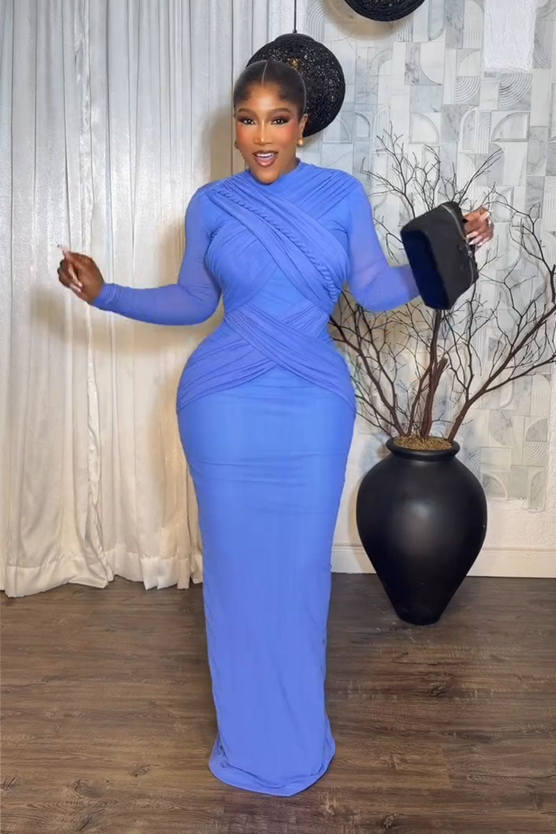 Royal Blue Ruched Maxi Dress – Long Sleeve Bodycon Evening Gown, Elegant Backless Party Dress