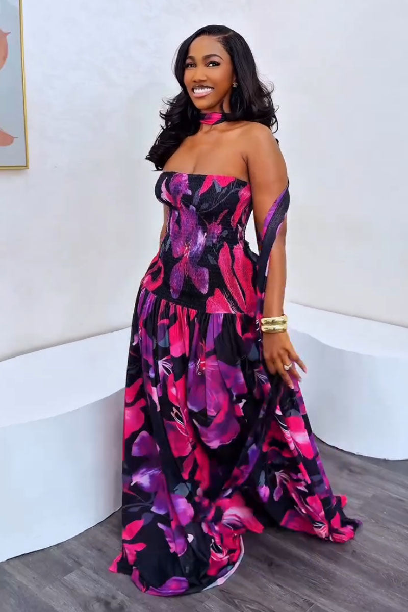Neon Bloom Halter Maxi – Women's Dress