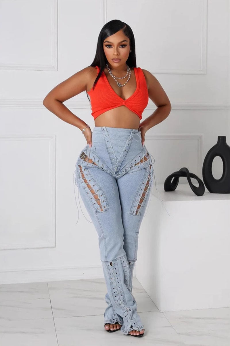 Tie-strap hollow denim pants
