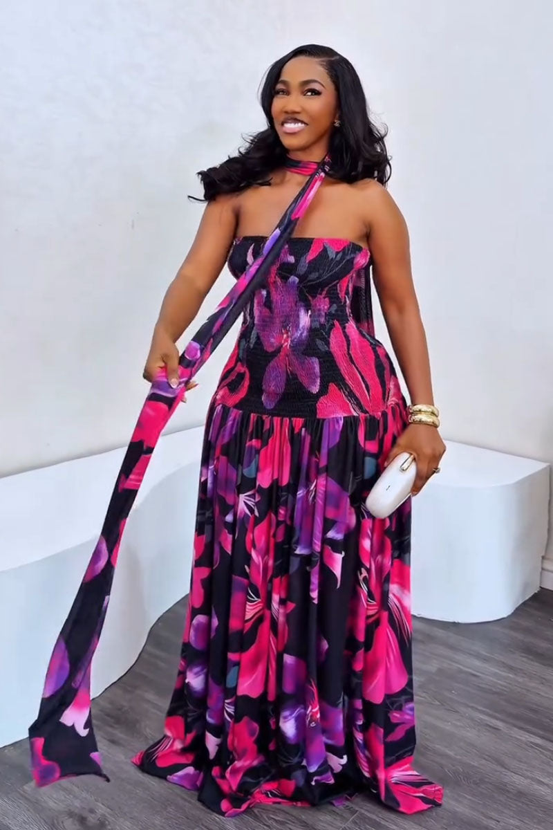 Neon Bloom Halter Maxi – Women's Dress