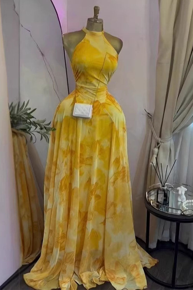 Zaria Printed Halter Backless Maxi Dress