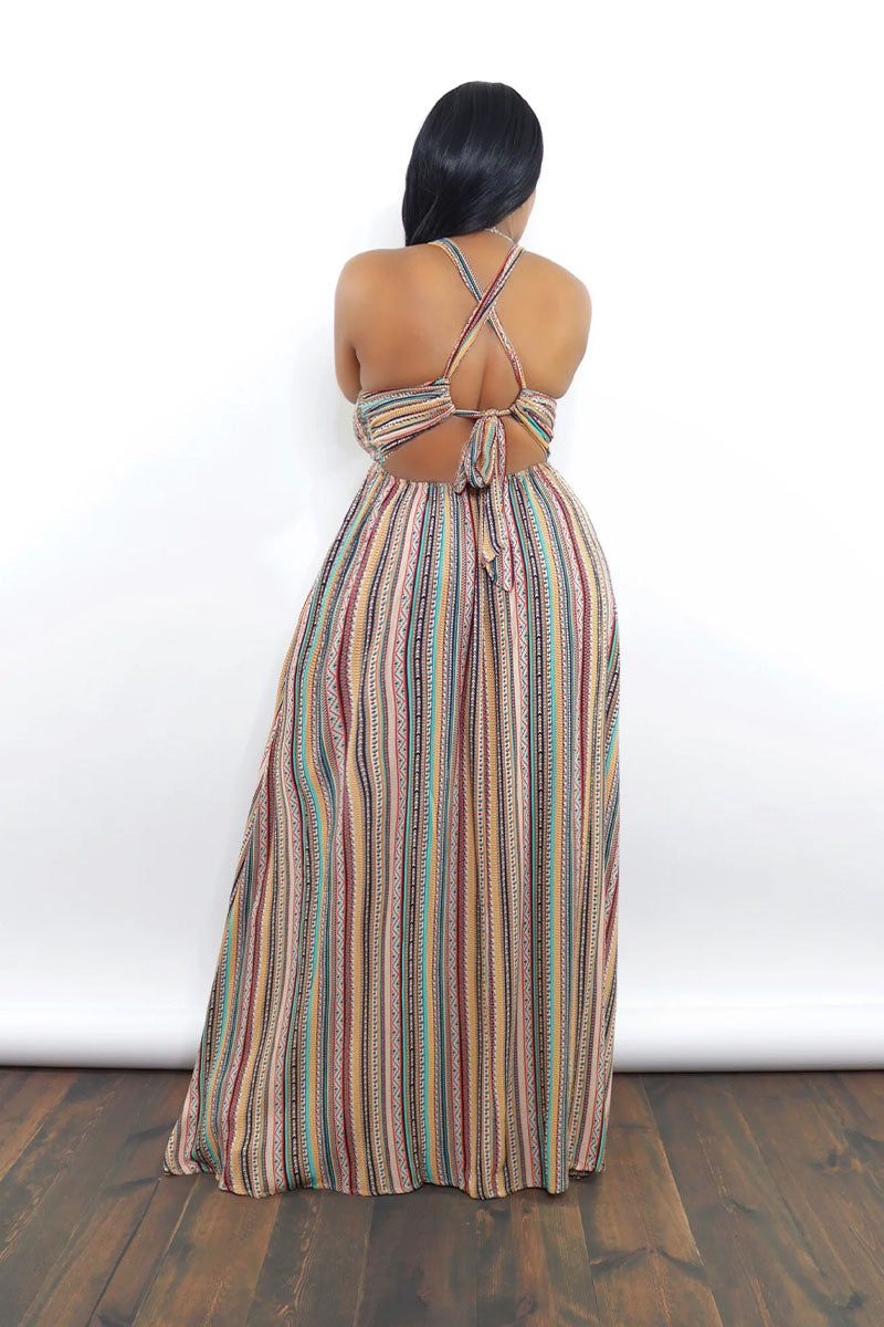 Siren Multi-Stripe Backless Maxi Dress