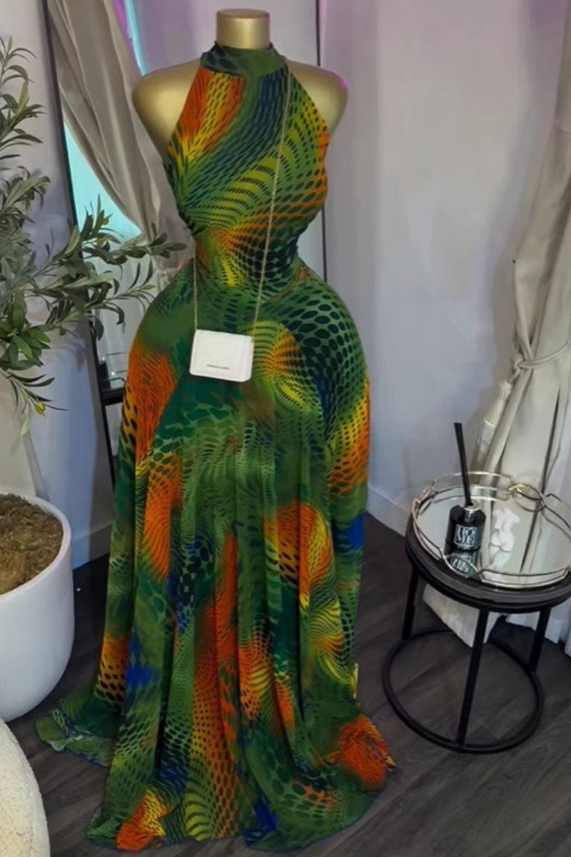 Zaria Printed Halter Backless Maxi Dress