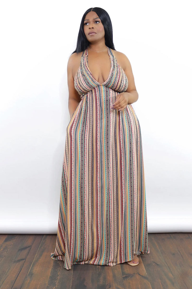 Siren Multi-Stripe Backless Maxi Dress