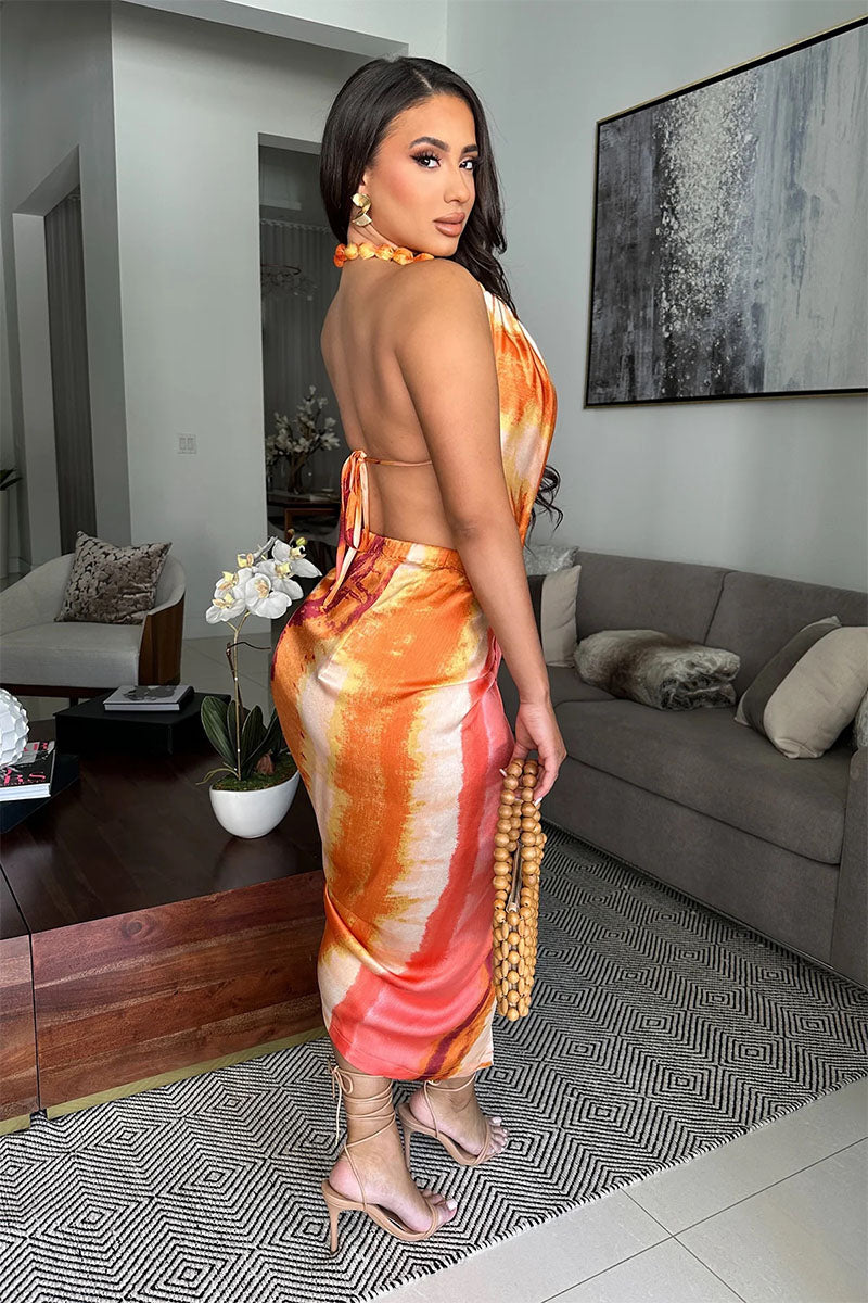 Multi-Color Draped Halter Midi