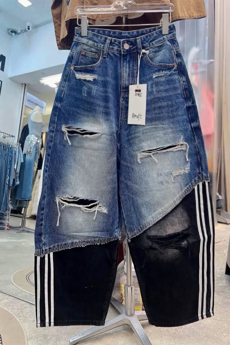 Y2K Patchwork Wide Leg Jeans – Distressed Denim Two Tone Cargo Pants