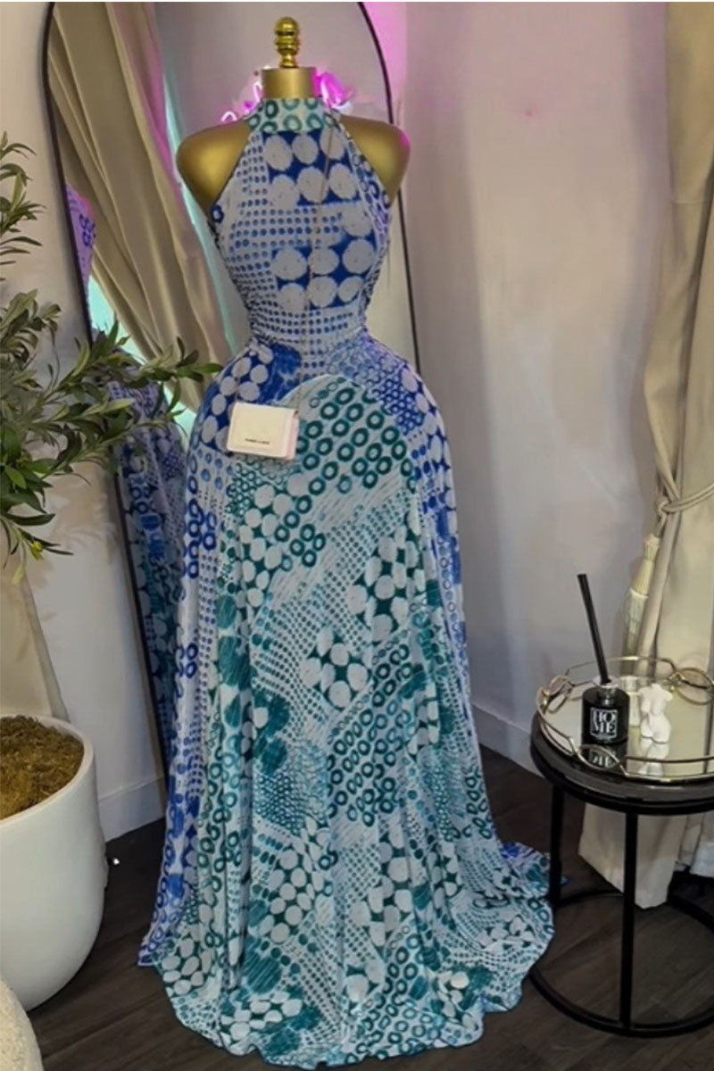 Zaria Printed Halter Backless Maxi Dress