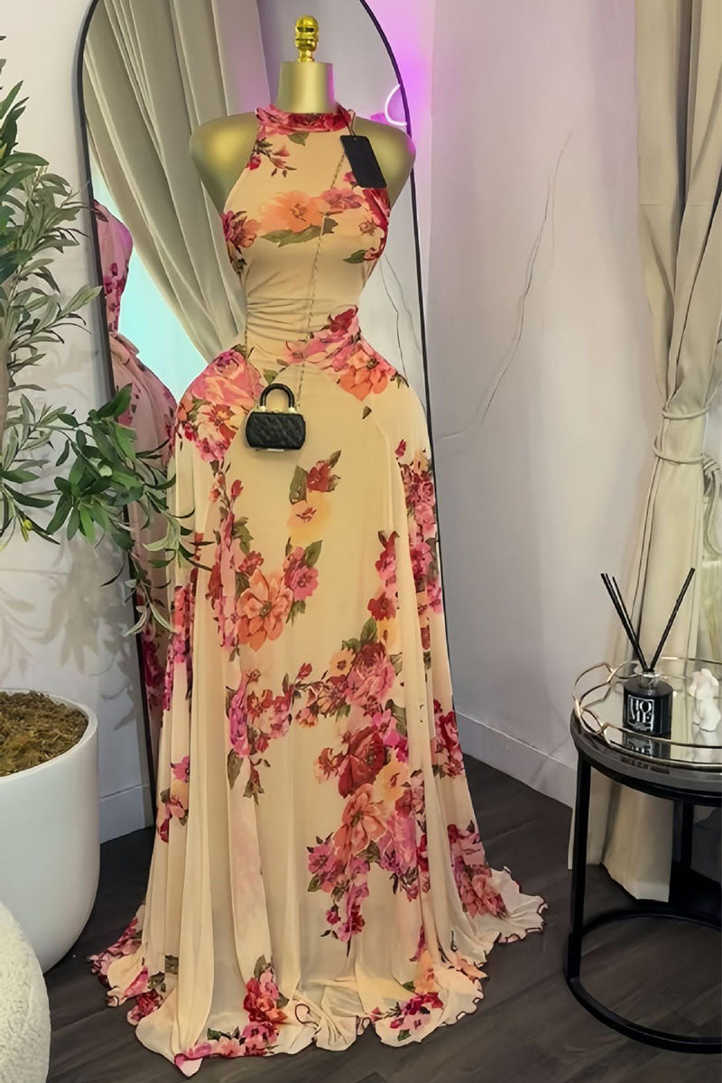 Zaria Printed Halter Backless Maxi Dress