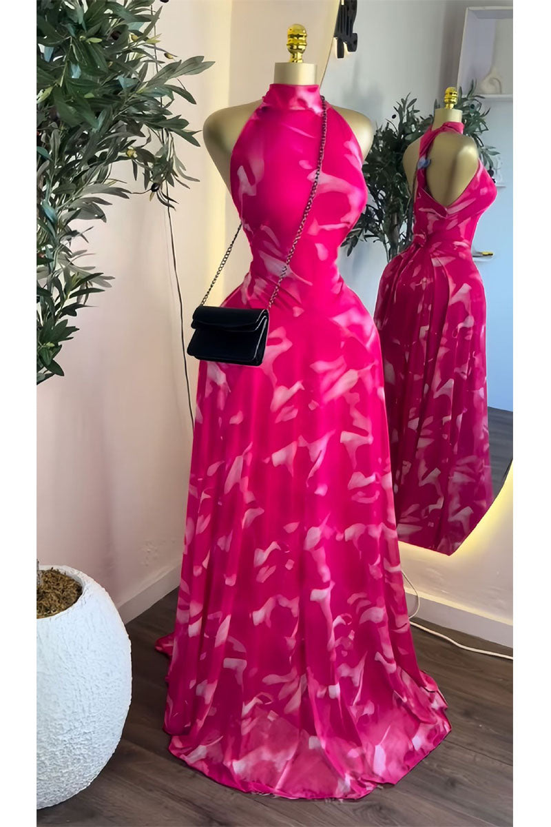 Zaria Printed Halter Backless Maxi Dress