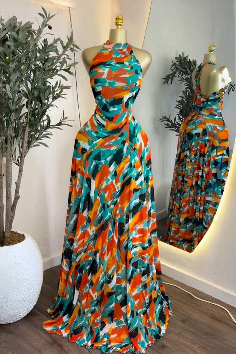Zaria Printed Halter Backless Maxi Dress