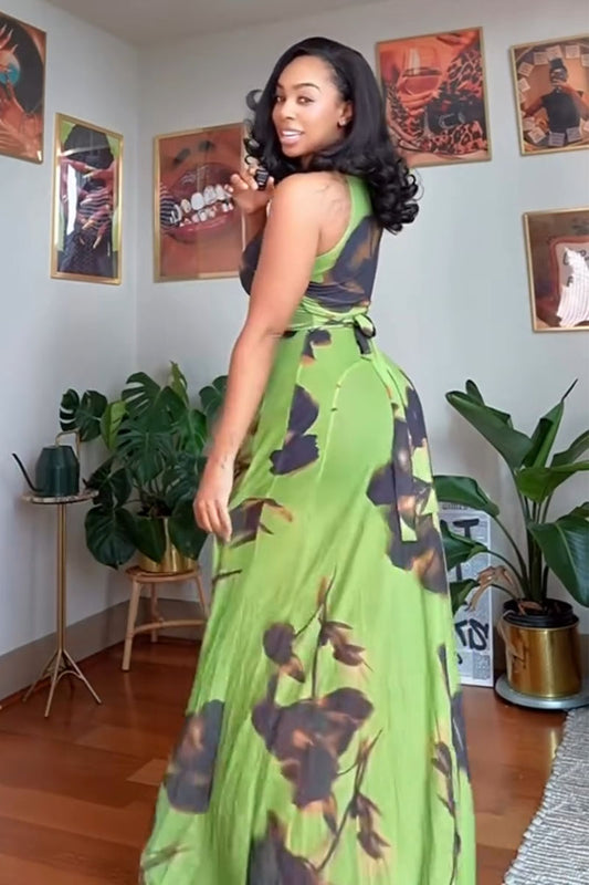 Zaria Printed Halter Backless Maxi Dress