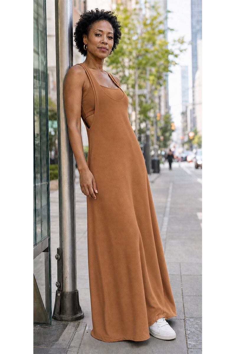 Two-Piece Heather solid color Sleeveless Tank Top & Cutout Maxi Dress Set
