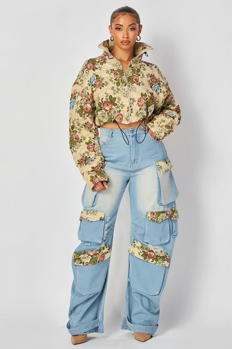 Floral Print Crop Blouse Pocket Washed Denim Pants 2pcs Set