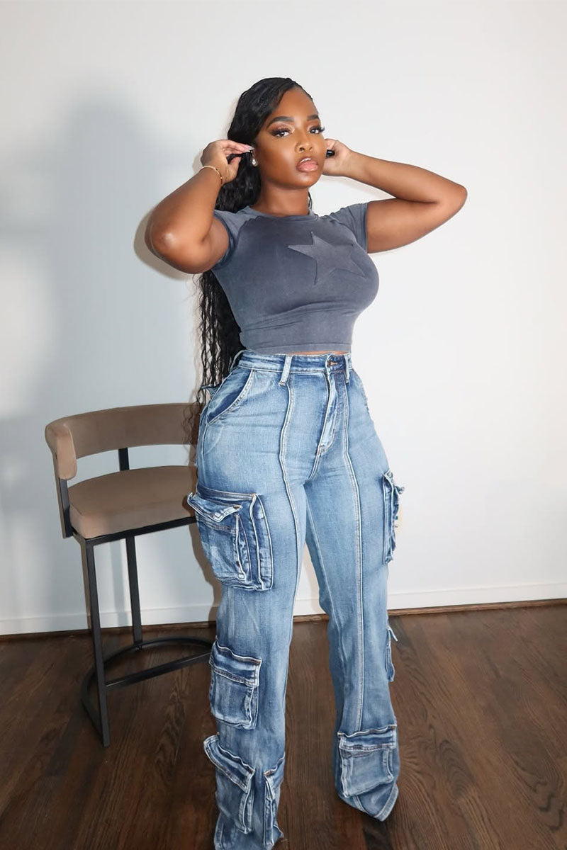 Denim Cargo Flare Jeans