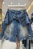 Asymmetric Denim Shorts – High Waist Baggy Bermuda Jeans, Vintage Y2K Streetwear Shorts