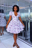 Lilac Bloom Puff-Sleeve Mini Dress