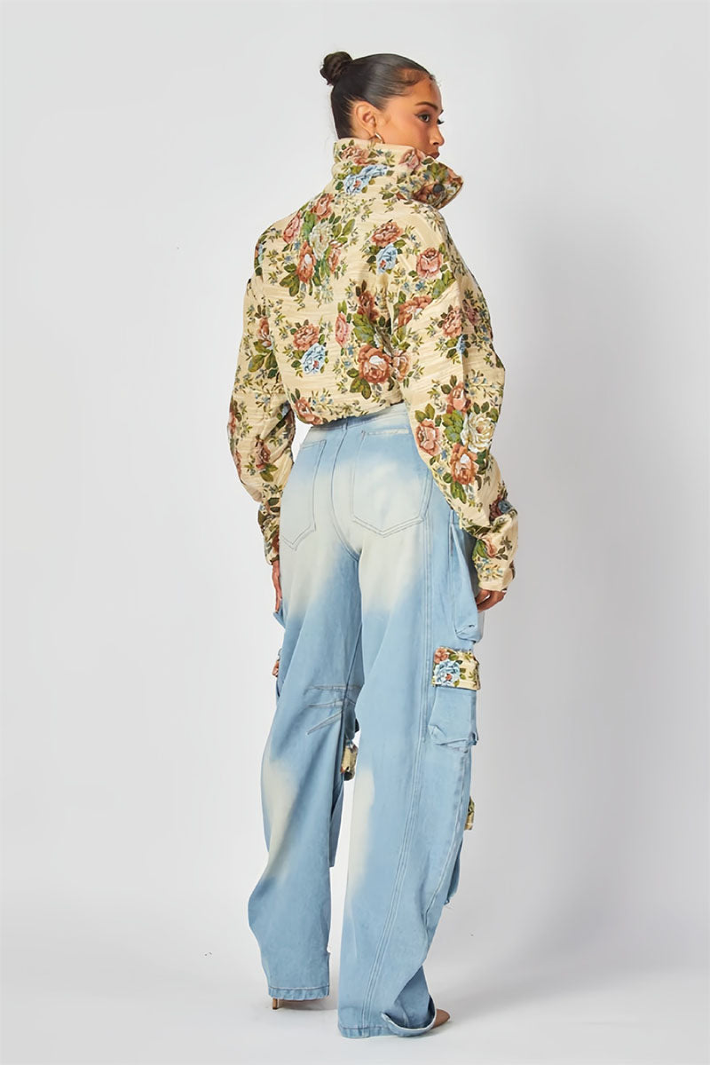 Floral Print Crop Blouse Pocket Washed Denim Pants 2pcs Set