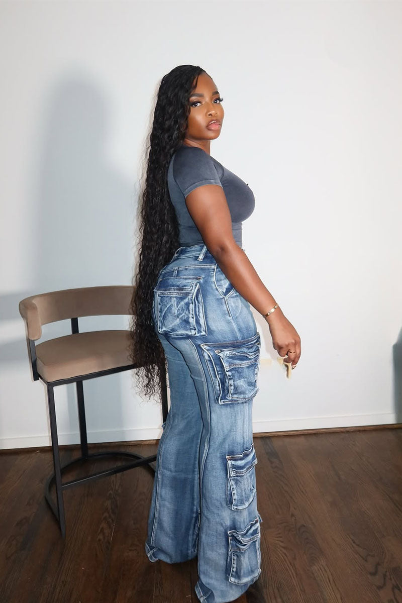 Denim Cargo Flare Jeans