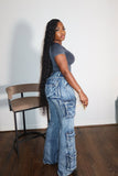 Denim Cargo Flare Jeans
