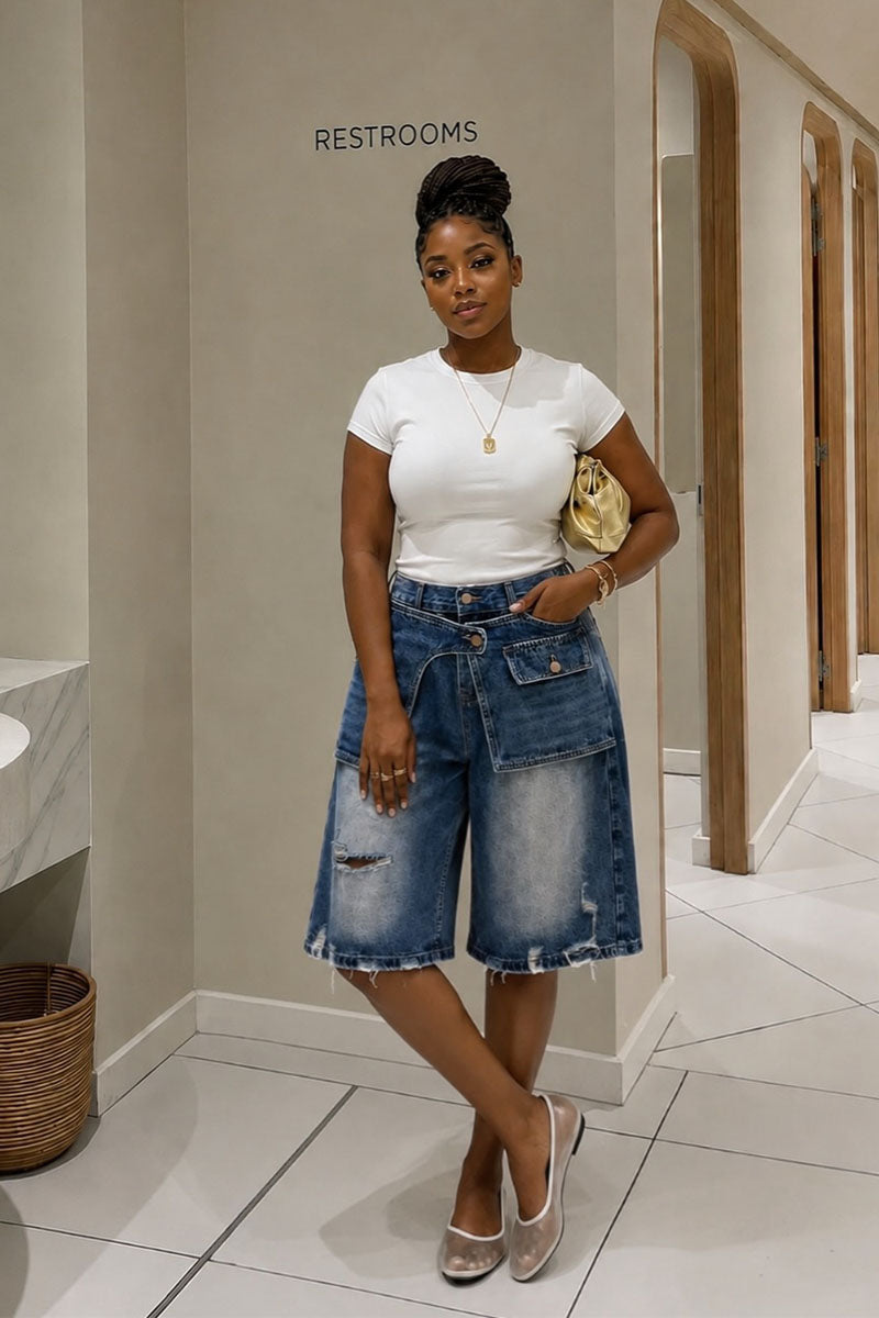 Asymmetric Denim Shorts – High Waist Baggy Bermuda Jeans, Vintage Y2K Streetwear Shorts